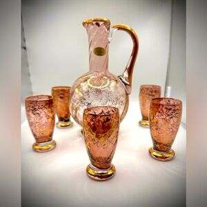 Murano Carafe w/5 Glasses, Antique/Vintage, Maroon Red&Gold w/Floral Design